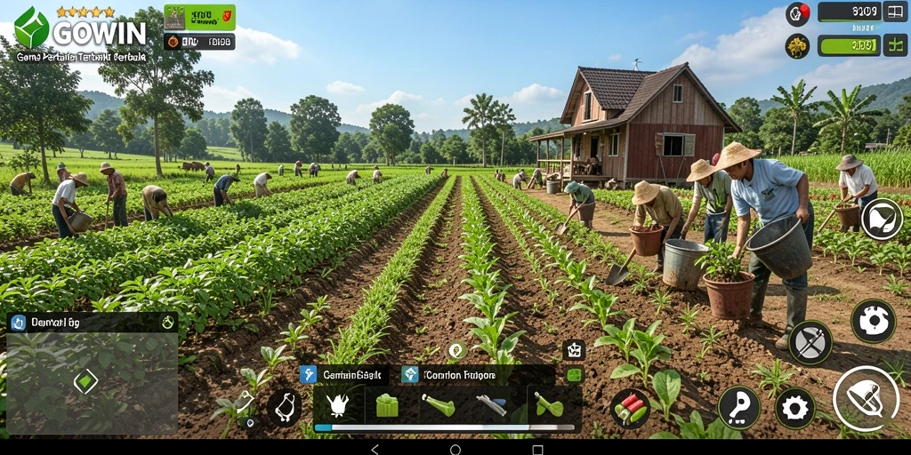 Tangkapan layar gameplay GOWIN menunjukkan aktivitas berkebun yang seru.