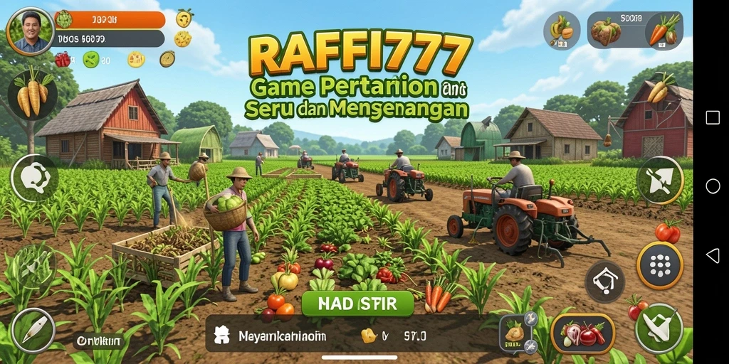 Tampilan gameplay RAFFI777 menampilkan lahan pertanian yang subur dan kegiatan menyenangkan.