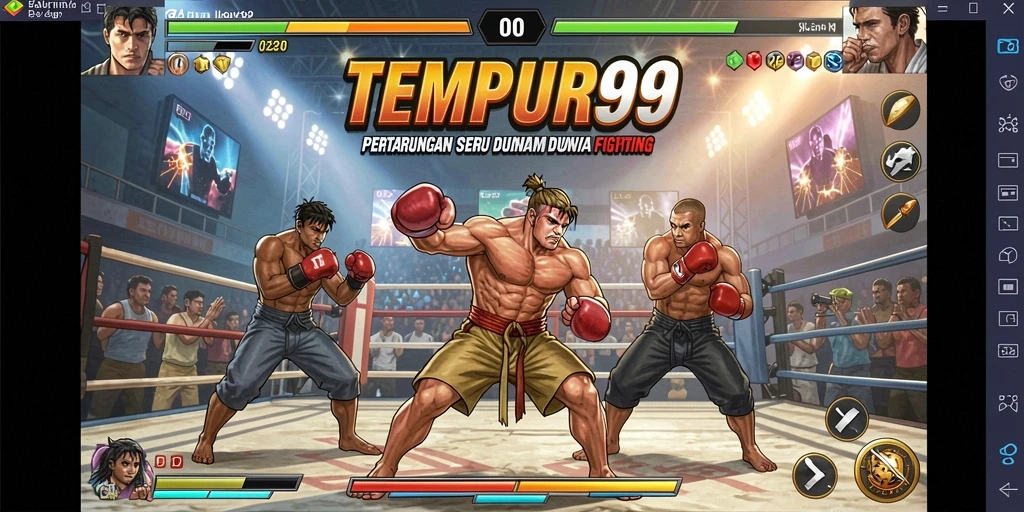 Tangkapan layar utama TEMPUR99 menampilkan aksi pertarungan yang intens.
